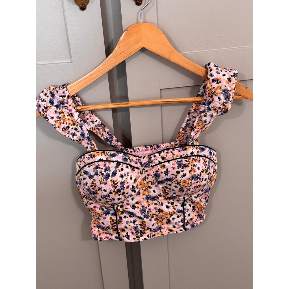 BOG Collective Floral Bustier Crop Top Pink Ruffle Strap‎ Smocked Back Small